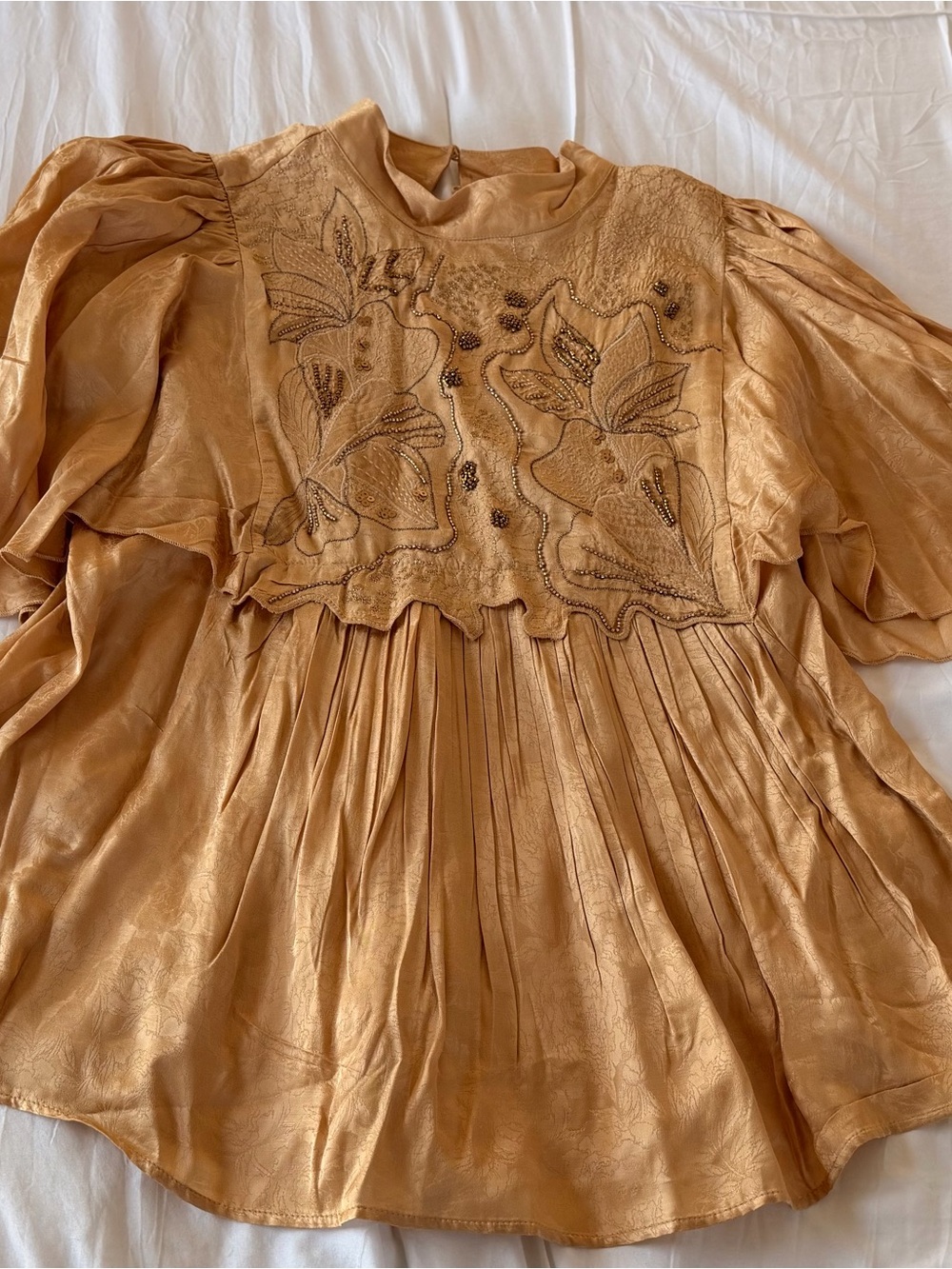 NWOT H&M Embroidered Puff-Sleeve Tunic in Caramel Gold